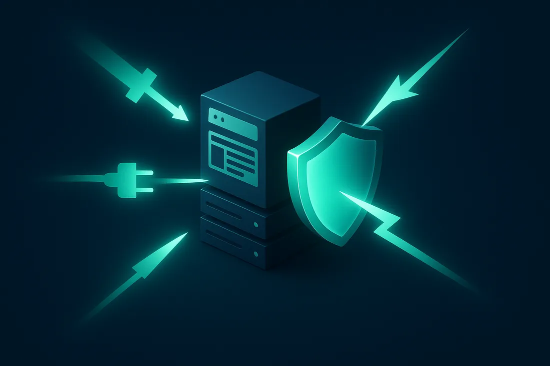 Angriffsvektoren treffen auf einen Server, ein Schutzschild wehrt sie ab
