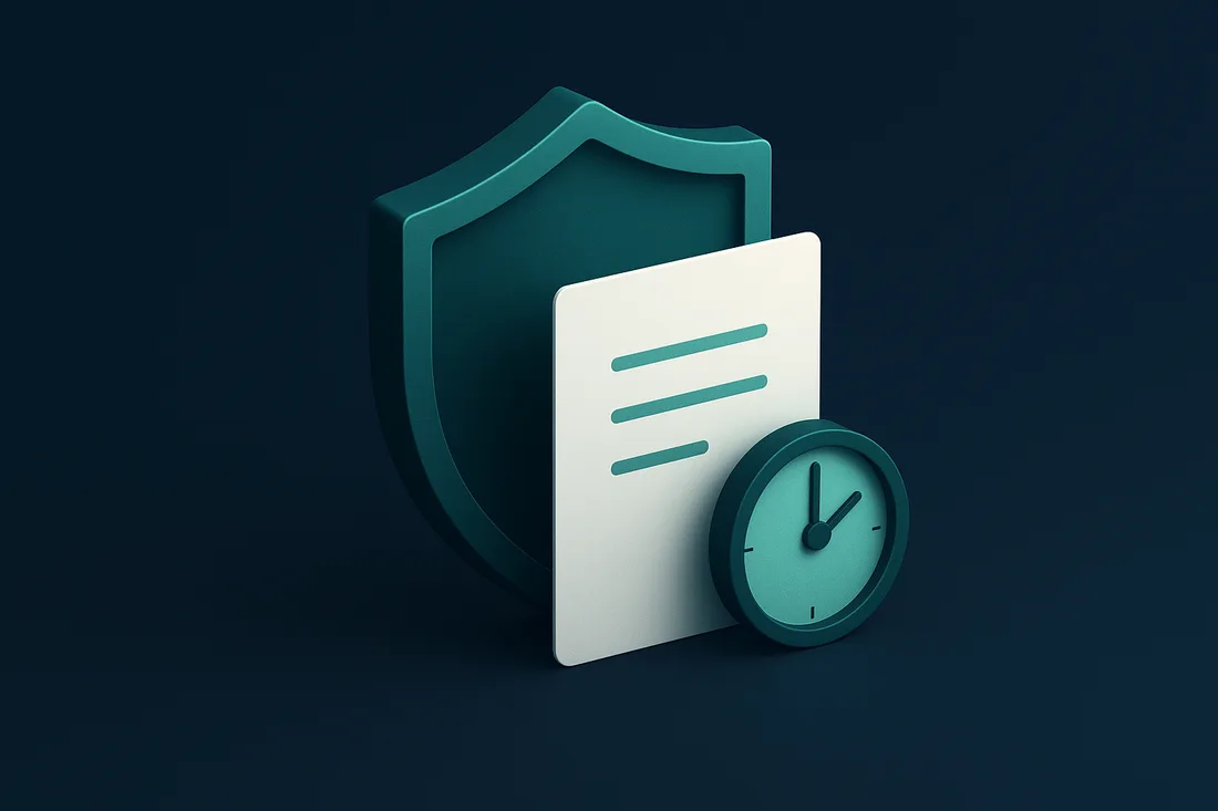 Schutzschild mit Dokument und Uhr für DSGVO-Datensicherheit und Meldefrist
