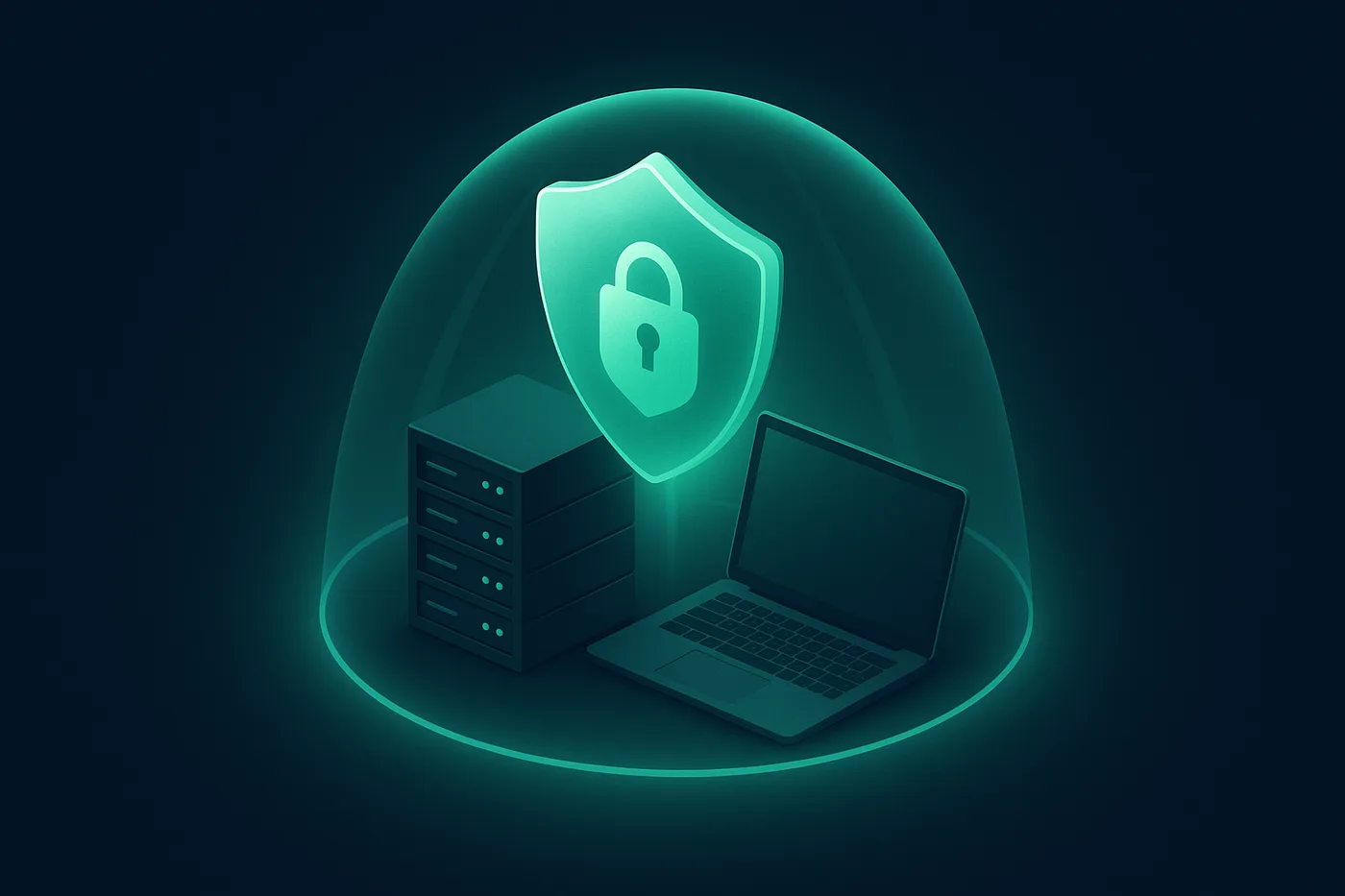 Schützender Schild mit Schloss über Server und Laptop – Website-Sicherheit