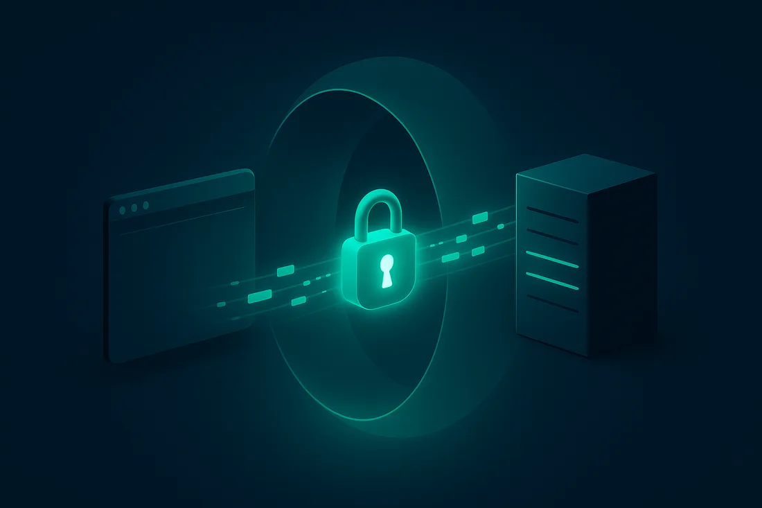 Verschlüsselter Tunnel mit Schloss zwischen Browser und Server (SSL/HTTPS)